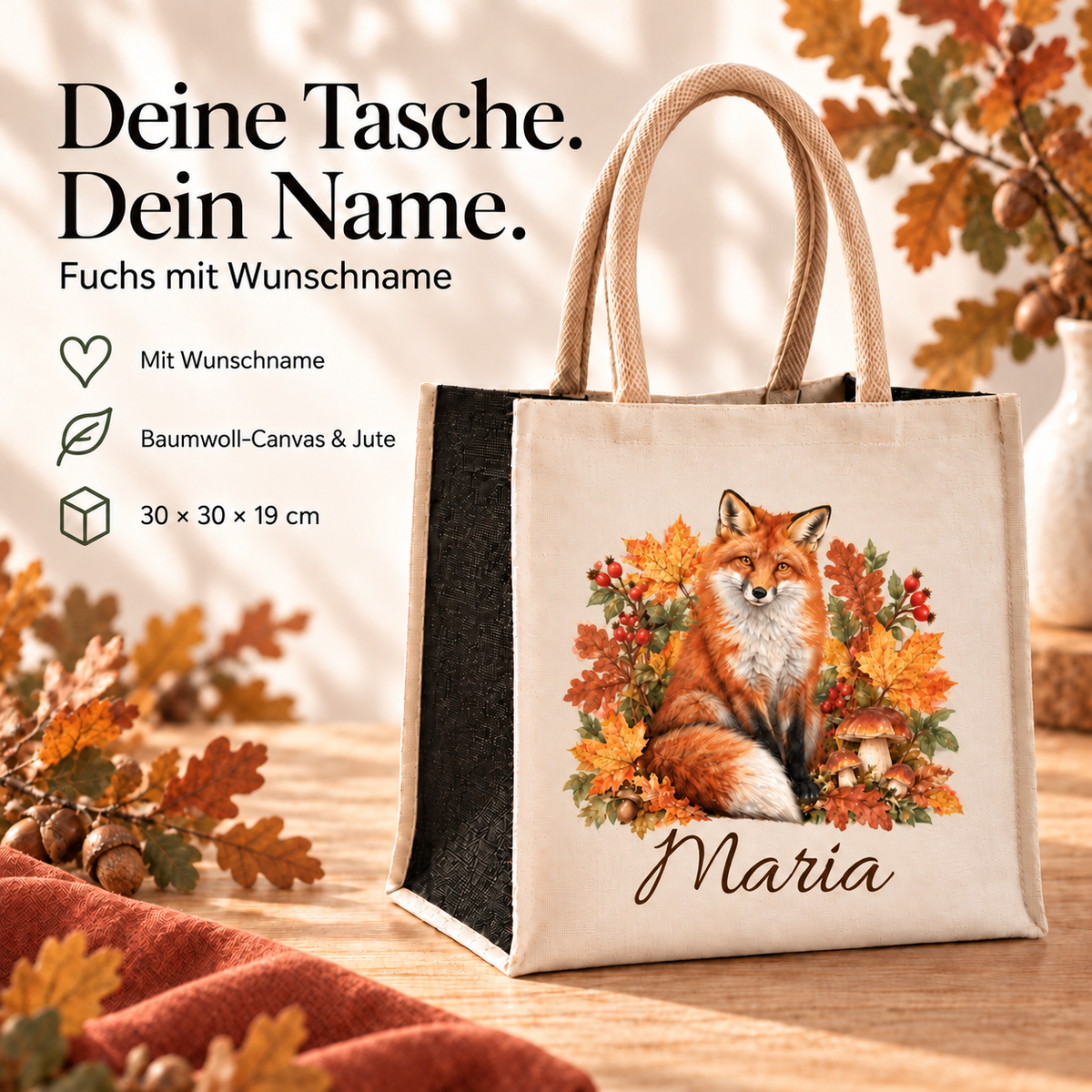 Einkaufstasche mit herbstlichem Fuchs-Motiv und Wunschname mit Angaben zu Material und Maßen.