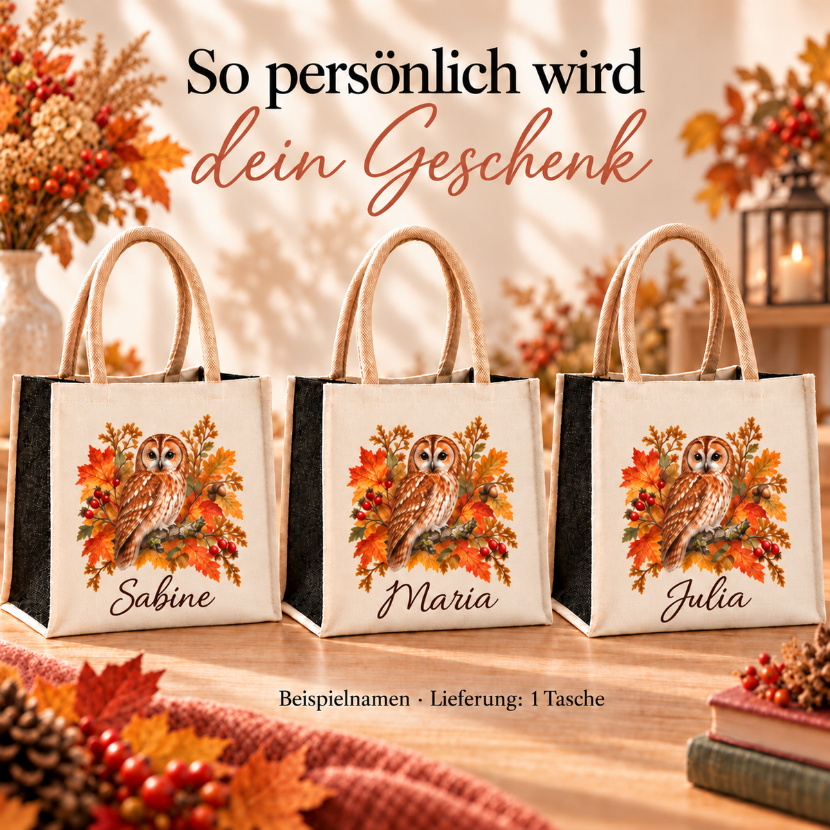 Drei Taschen mit herbstlichem Eule-Motiv und unterschiedlichen Wunschnamen.