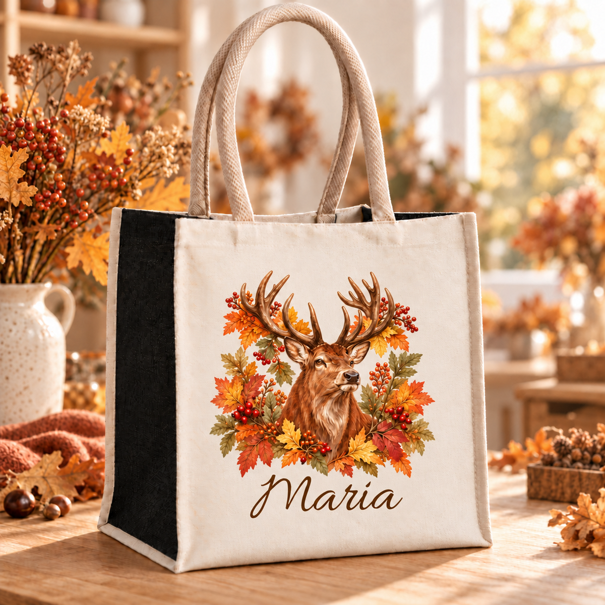 Einkaufstasche mit herbstlichem Hirsch-Motiv und Wunschname im herbstlichen Atelier.