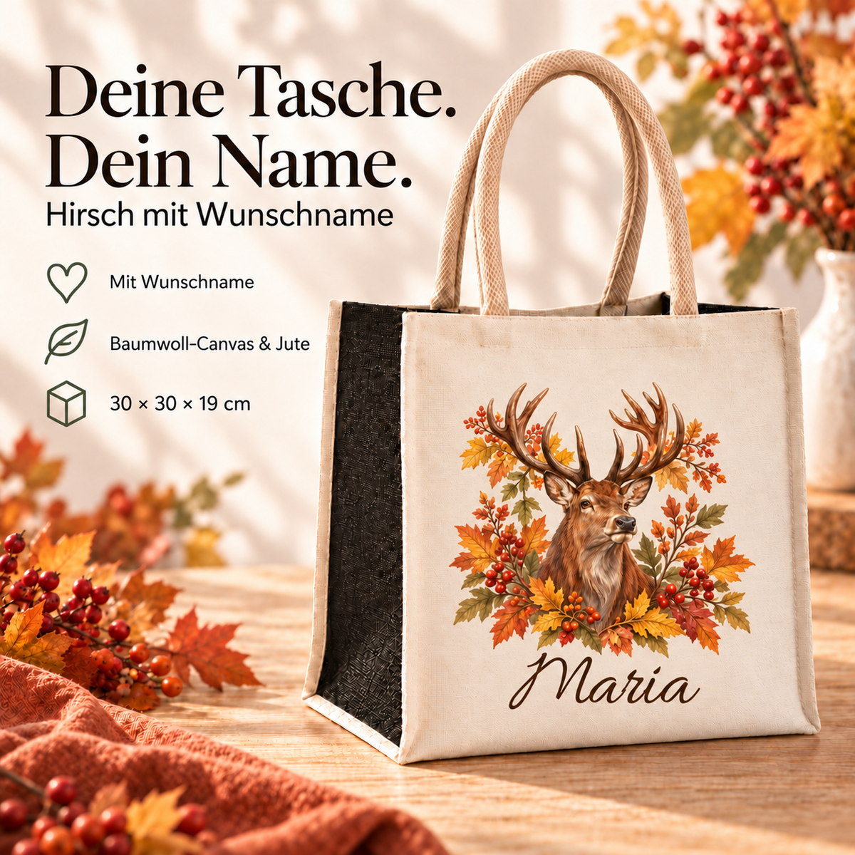 Einkaufstasche mit herbstlichem Hirsch-Motiv und Wunschname mit Angaben zu Material und Maßen.