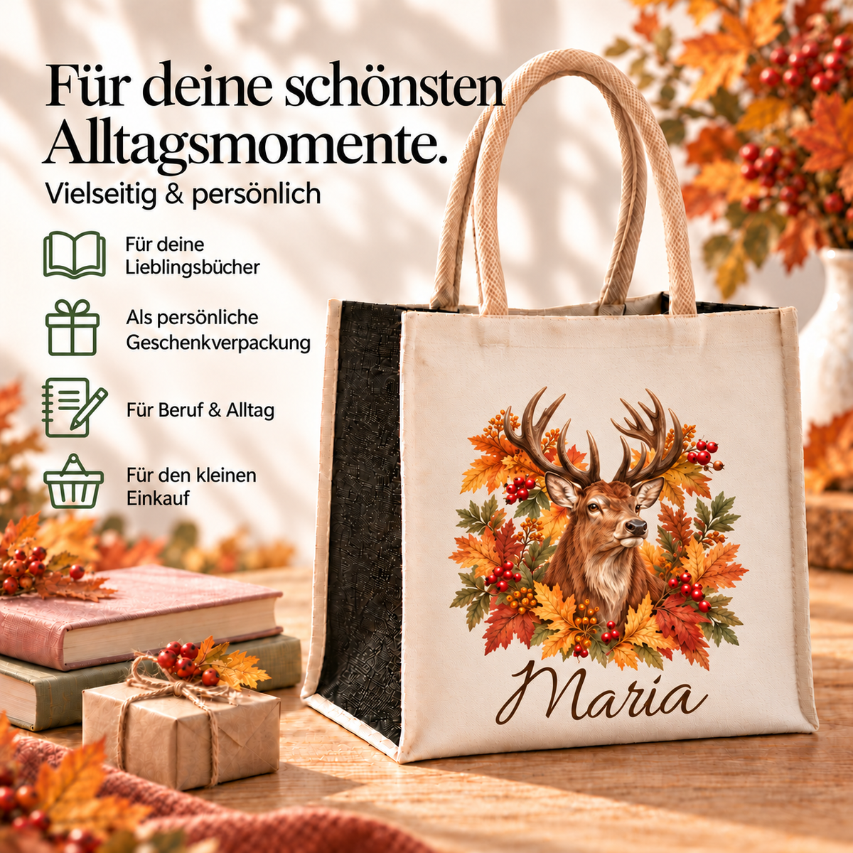 Einkaufstasche mit herbstlichem Hirsch-Motiv und Wunschname neben Büchern und Geschenk.