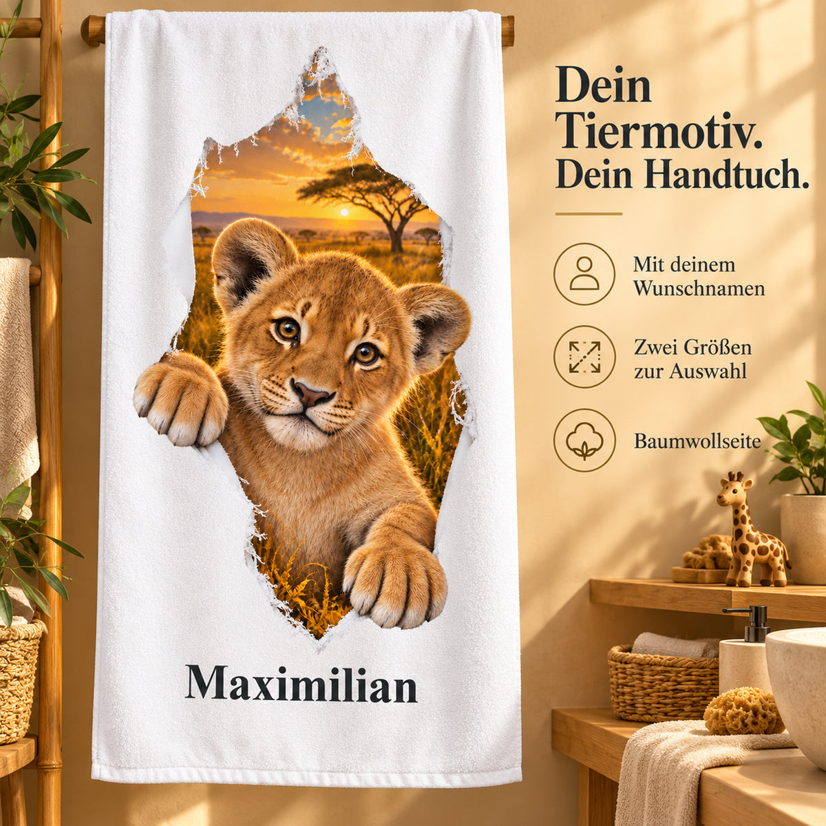 Handtuch mit Löwe-Motiv, Namensaufdruck und Hinweisen zu Produkt und Größen