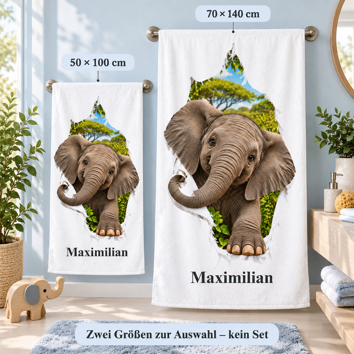 Elefant-Handtuch mit Namen in den beiden wählbaren Größen 50 mal 100 und 70 mal 140 Zentimeter