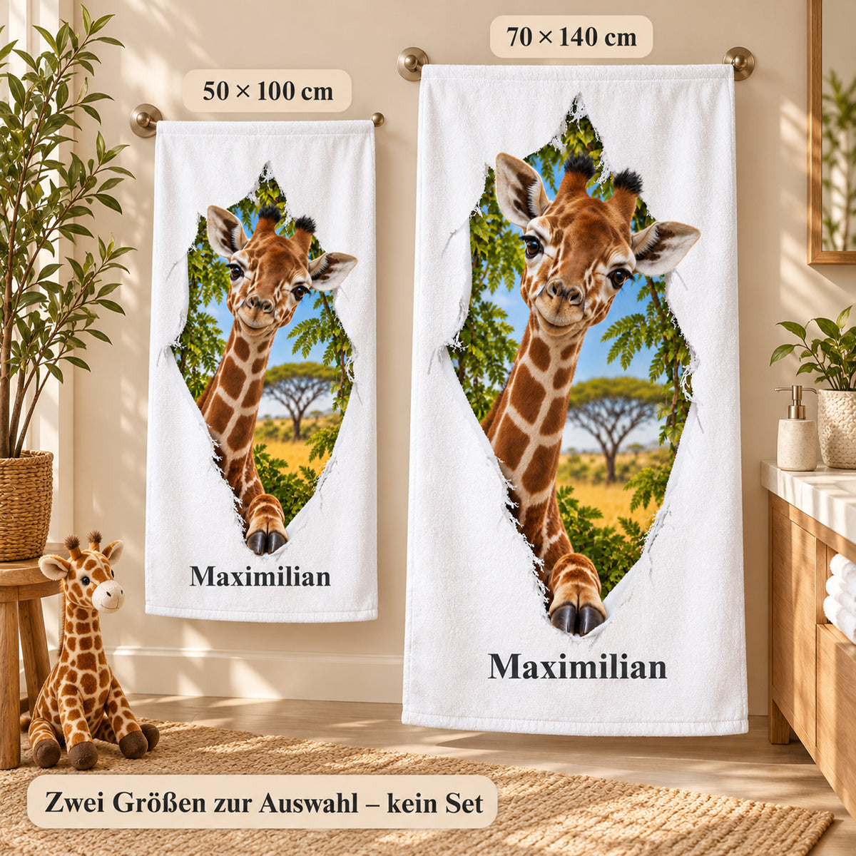 Giraffe-Handtuch mit Namen in den beiden wählbaren Größen 50 mal 100 und 70 mal 140 Zentimeter
