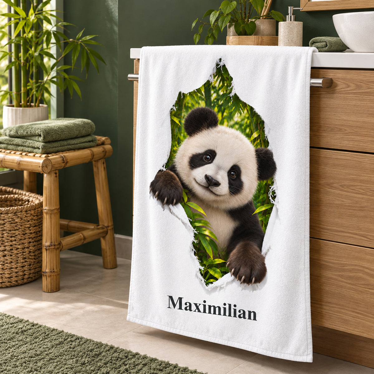 Personalisiertes Panda-Handtuch aus einer seitlichen Perspektive im Badezimmer