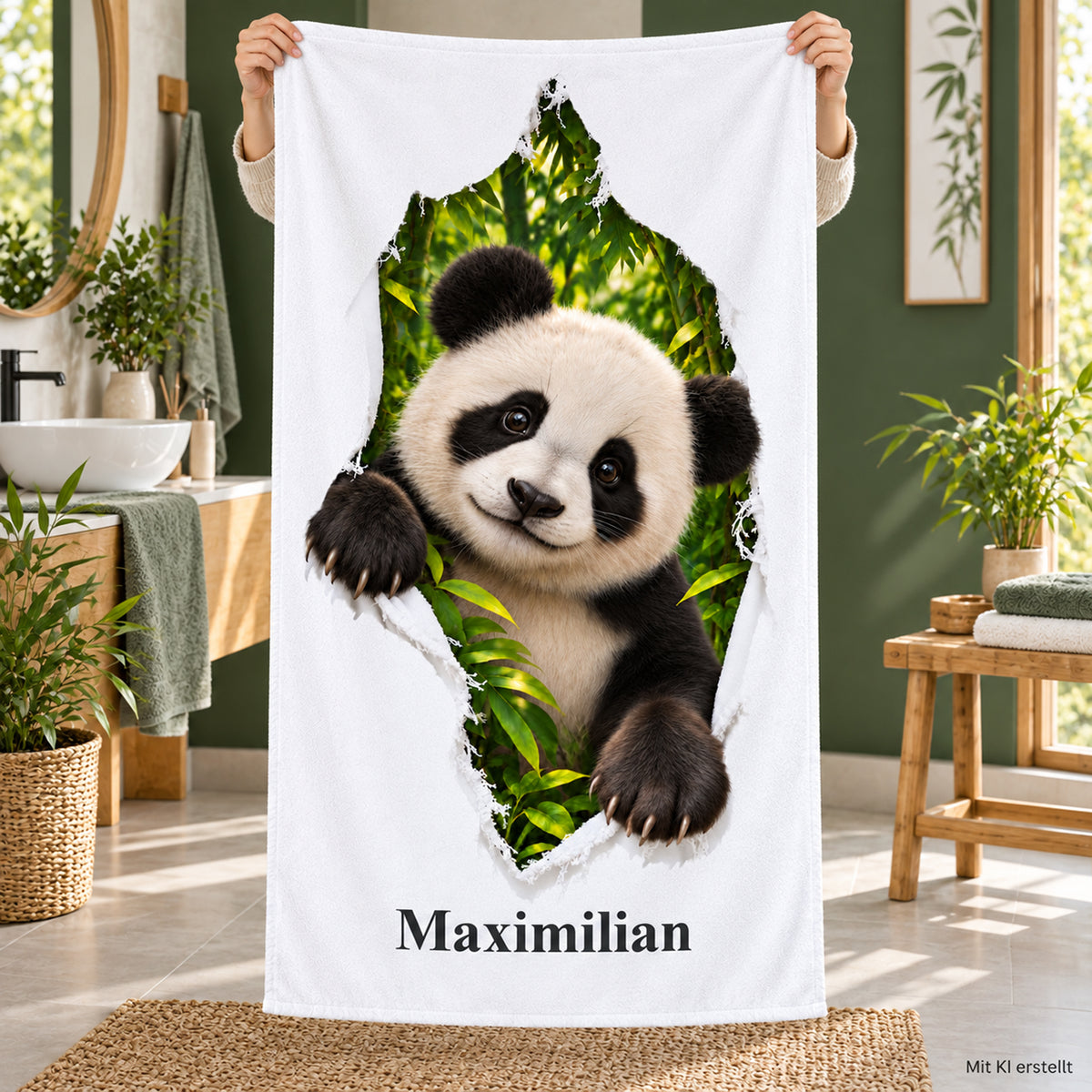 Hände halten ein Handtuch mit Panda-Motiv und Namensaufdruck im Badezimmer