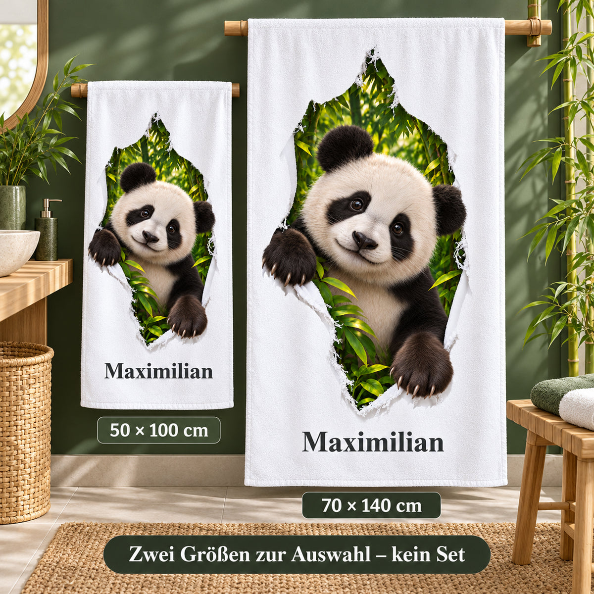 Panda-Handtuch mit Namen in den beiden wählbaren Größen 50 mal 100 und 70 mal 140 Zentimeter