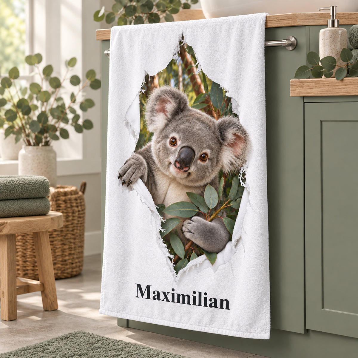 Personalisiertes Koala-Handtuch aus einer seitlichen Perspektive im Badezimmer