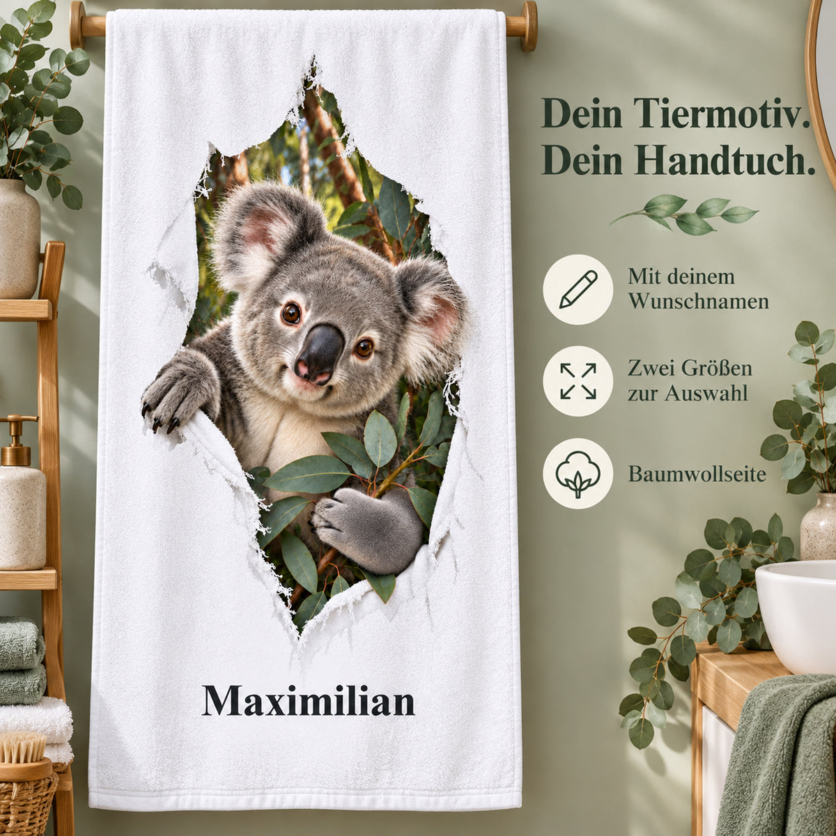 Handtuch mit Koala-Motiv, Namensaufdruck und Hinweisen zu Produkt und Größen