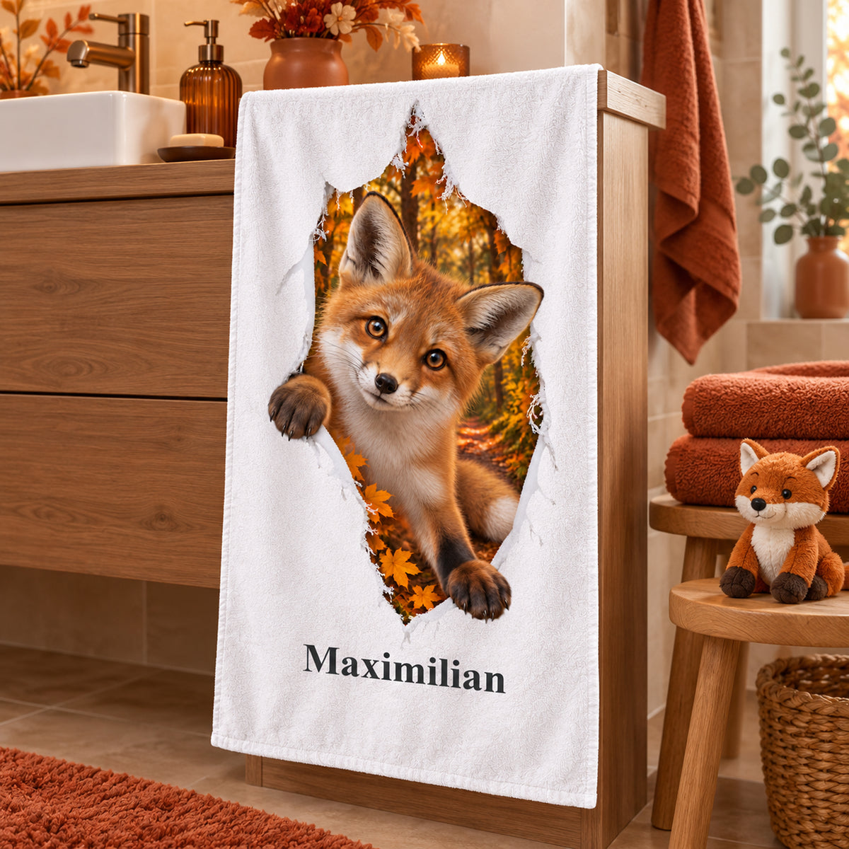Personalisiertes Fuchs-Handtuch aus einer seitlichen Perspektive im Badezimmer