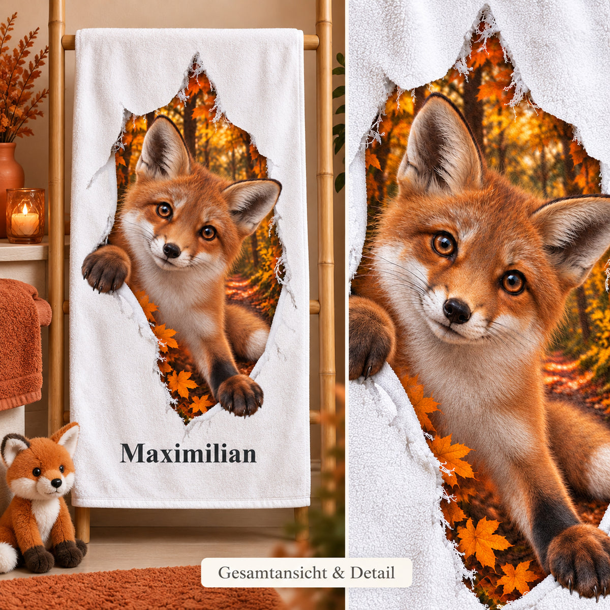 Gesamtansicht des personalisierten Fuchs-Handtuchs mit Nahaufnahme des gedruckten Tiermotivs