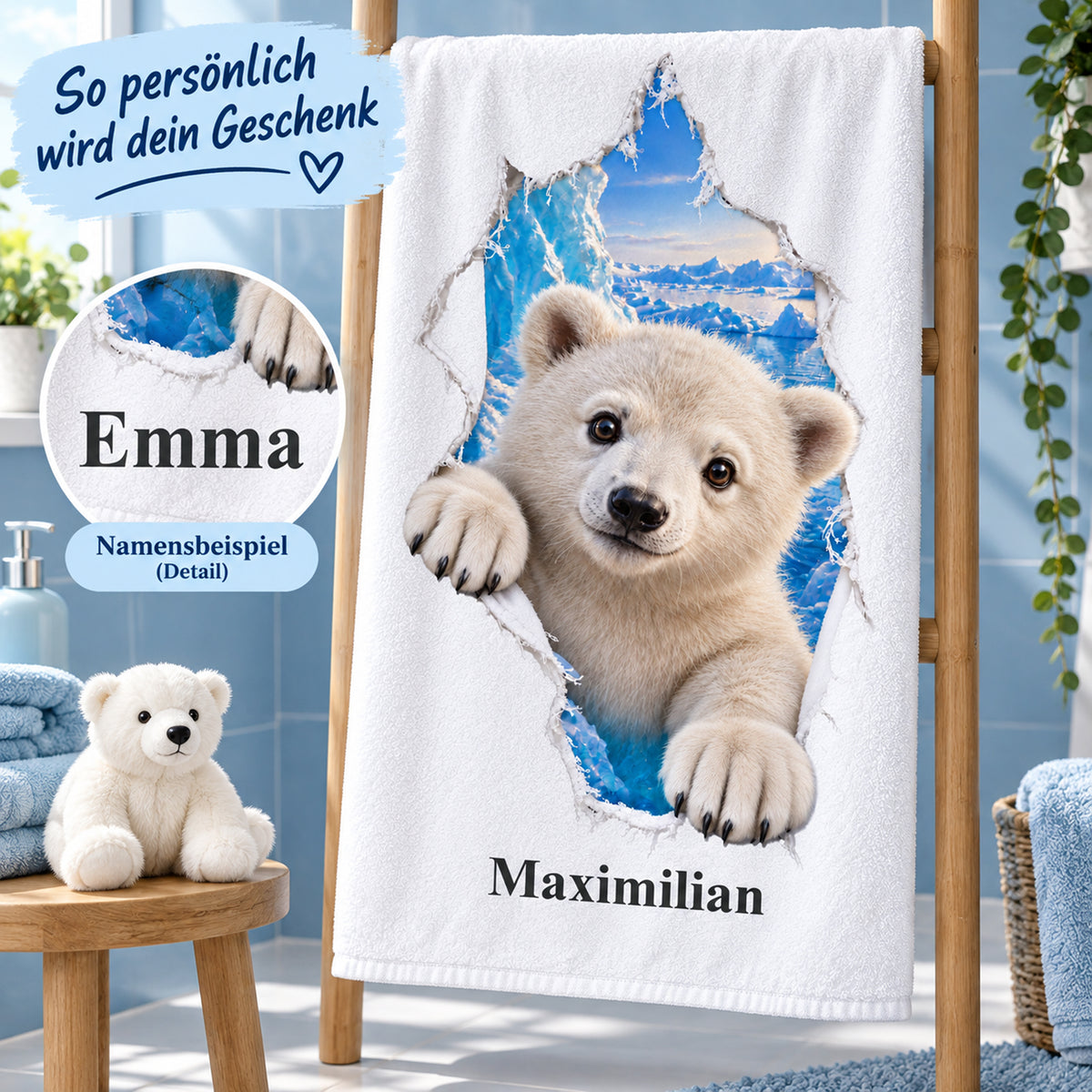 Eisbär-Handtuch mit Namensaufdruck und Detailausschnitt eines weiteren Namensbeispiels