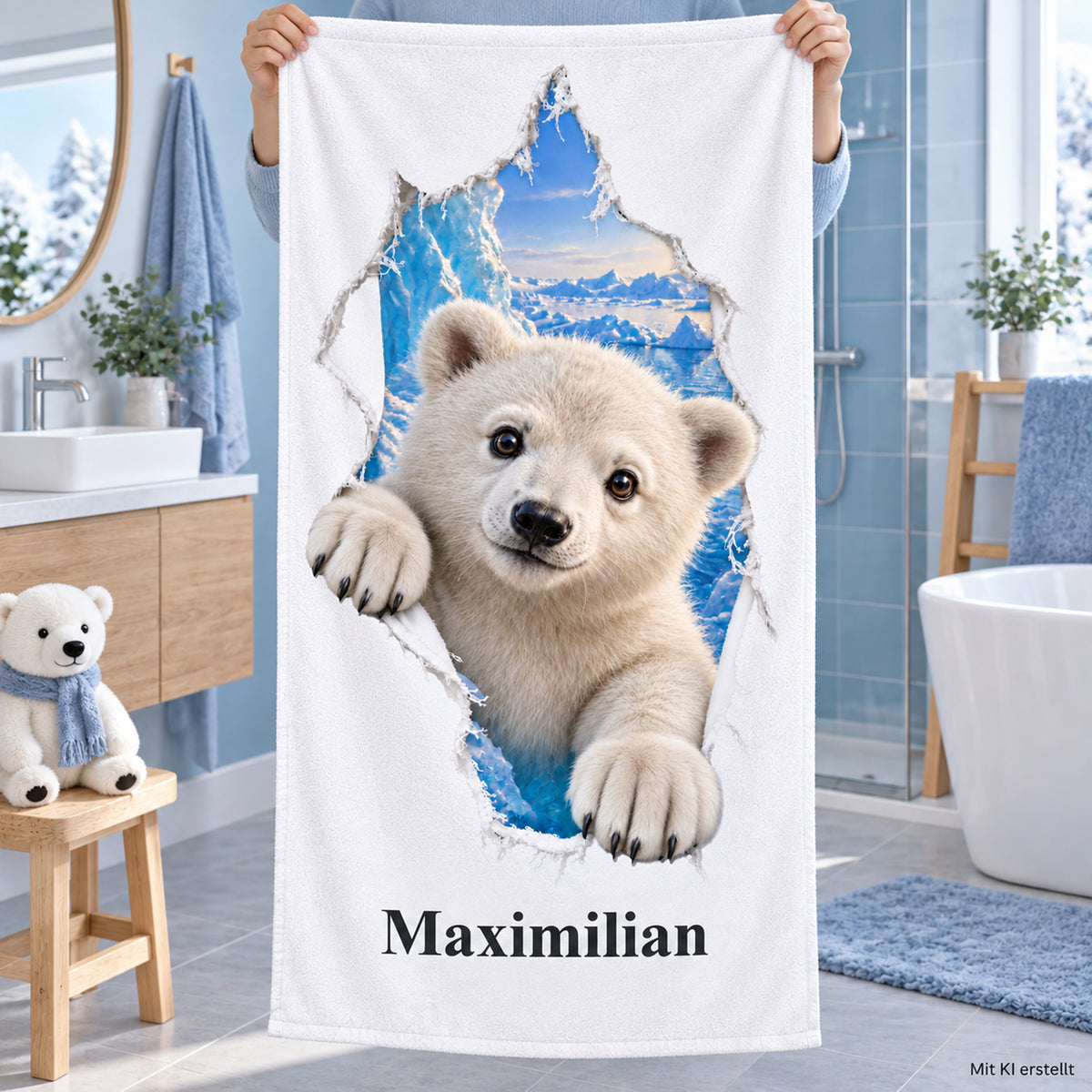Hände halten ein Handtuch mit Eisbär-Motiv und Namensaufdruck im Badezimmer