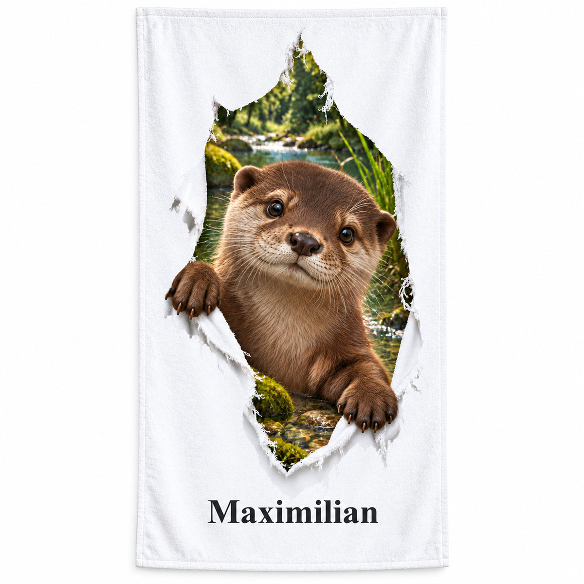 Weißes personalisiertes Handtuch mit Otter-Motiv in Stoffriss-Optik auf weißem Hintergrund