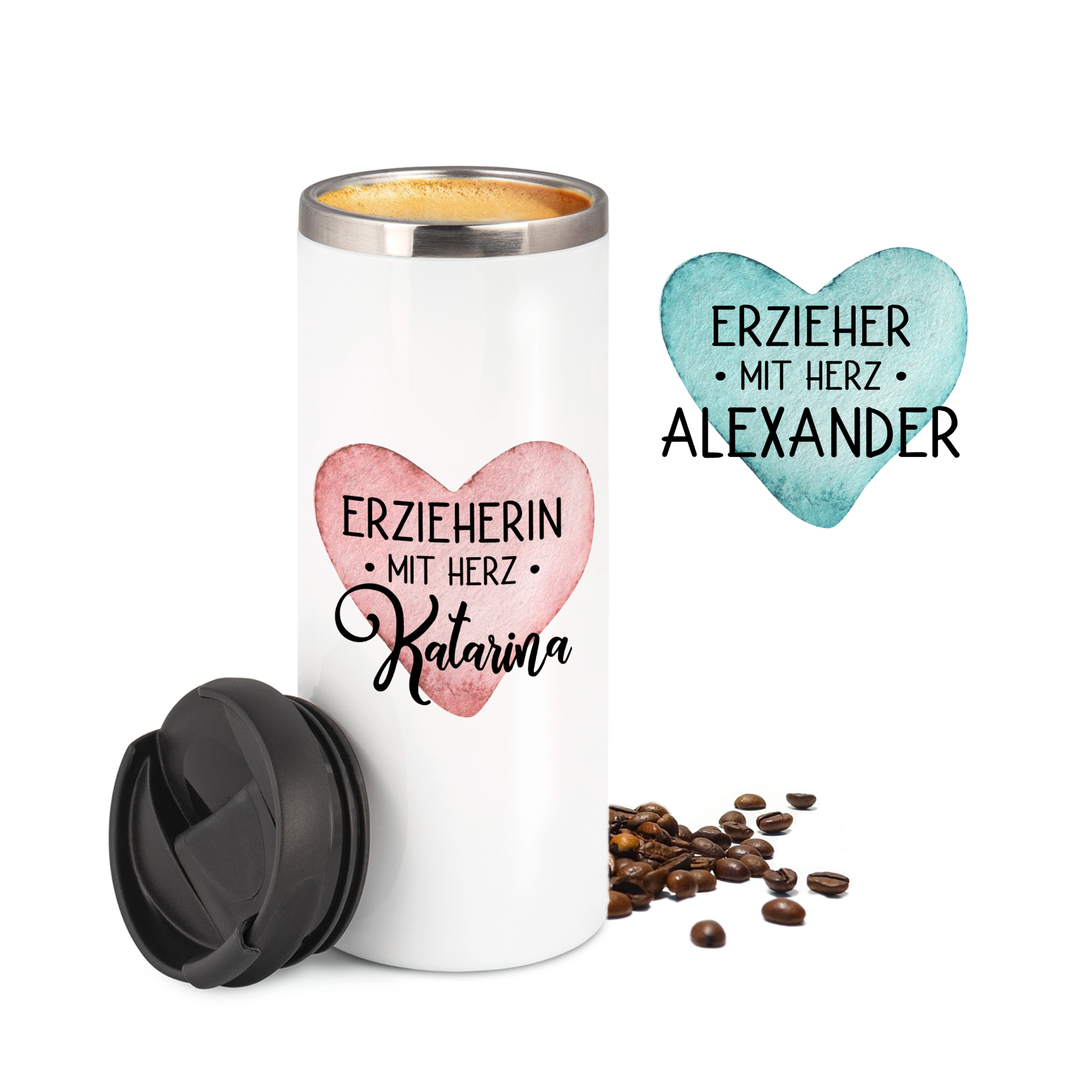 Weißer Thermobecher mit Herzdesign, personalisiert für Erzieher.
