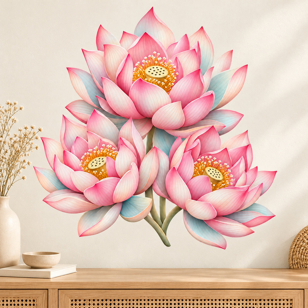 Lotus-Trio Wandtattoo – Wohnraum im warmen Referenzstil