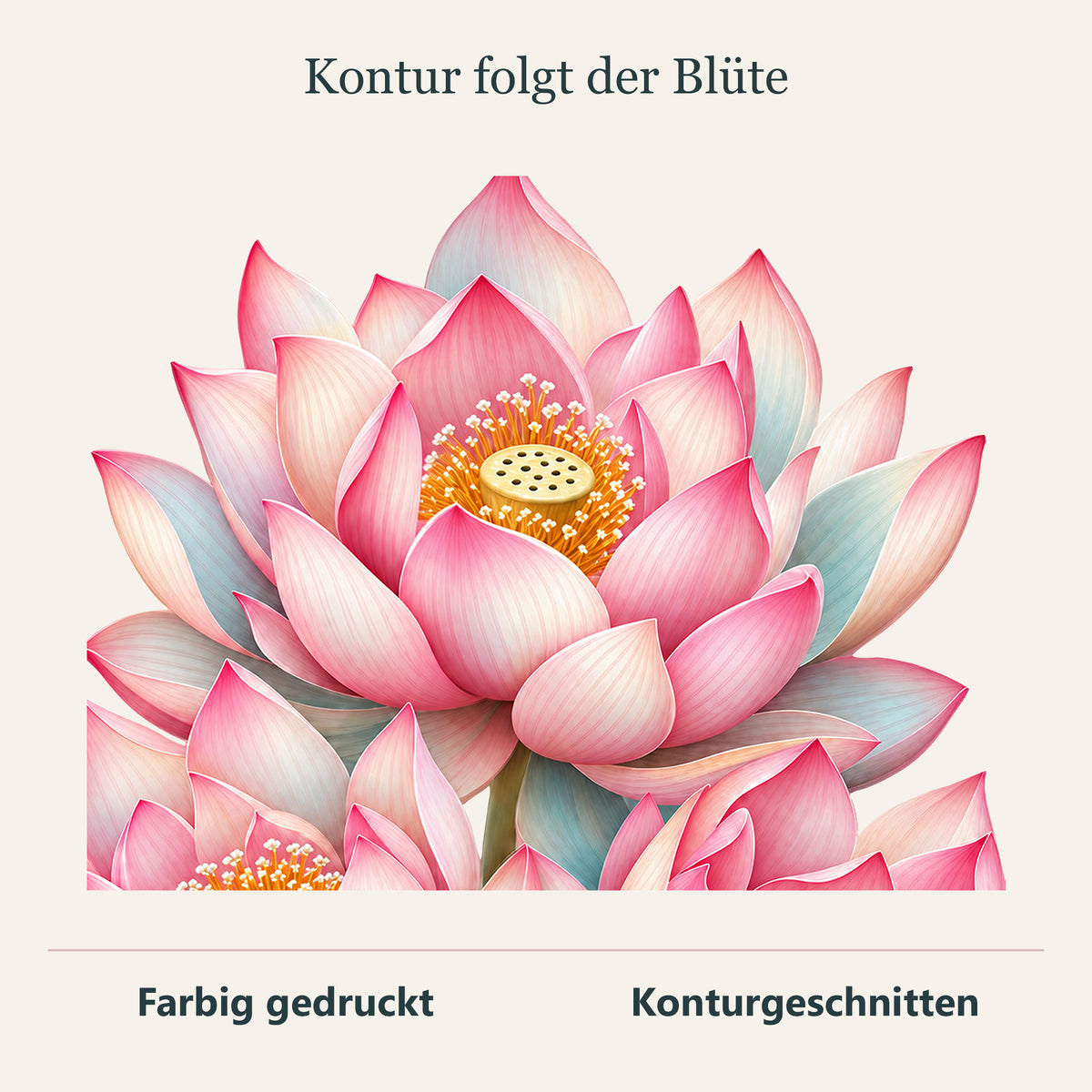 Wandtattoo Lotus-Trio mit drei rosa-cremefarbenen Lotusblüten mit Detail der geschnittenen Motivkontur.