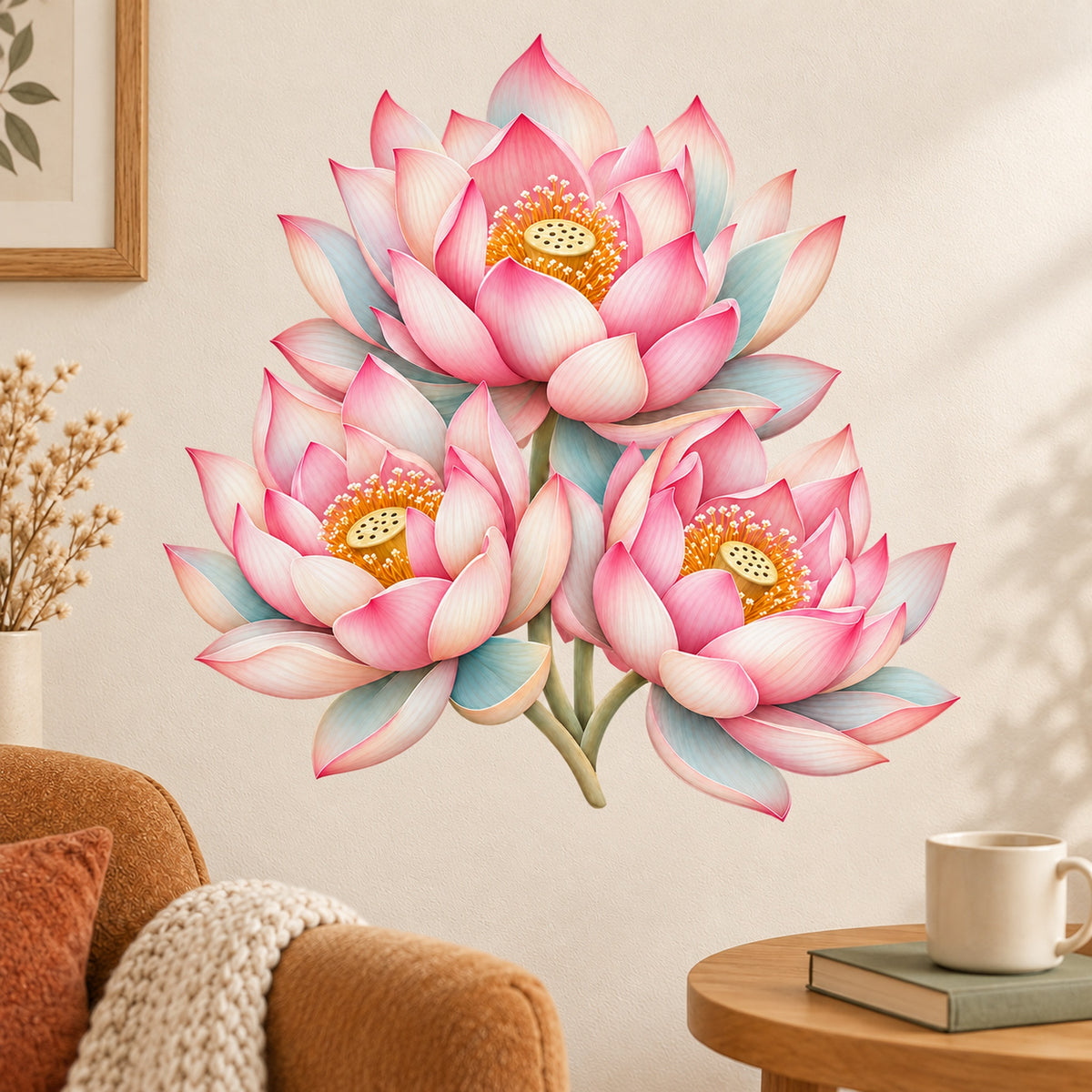 Lotus-Trio Wandtattoo – Leseecke im warmen Referenzstil