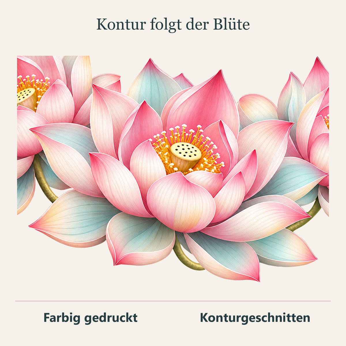 Wandtattoo Sanfter Blütenbogen mit drei rosa-cremefarbenen Lotusblüten mit Detail der geschnittenen Motivkontur.