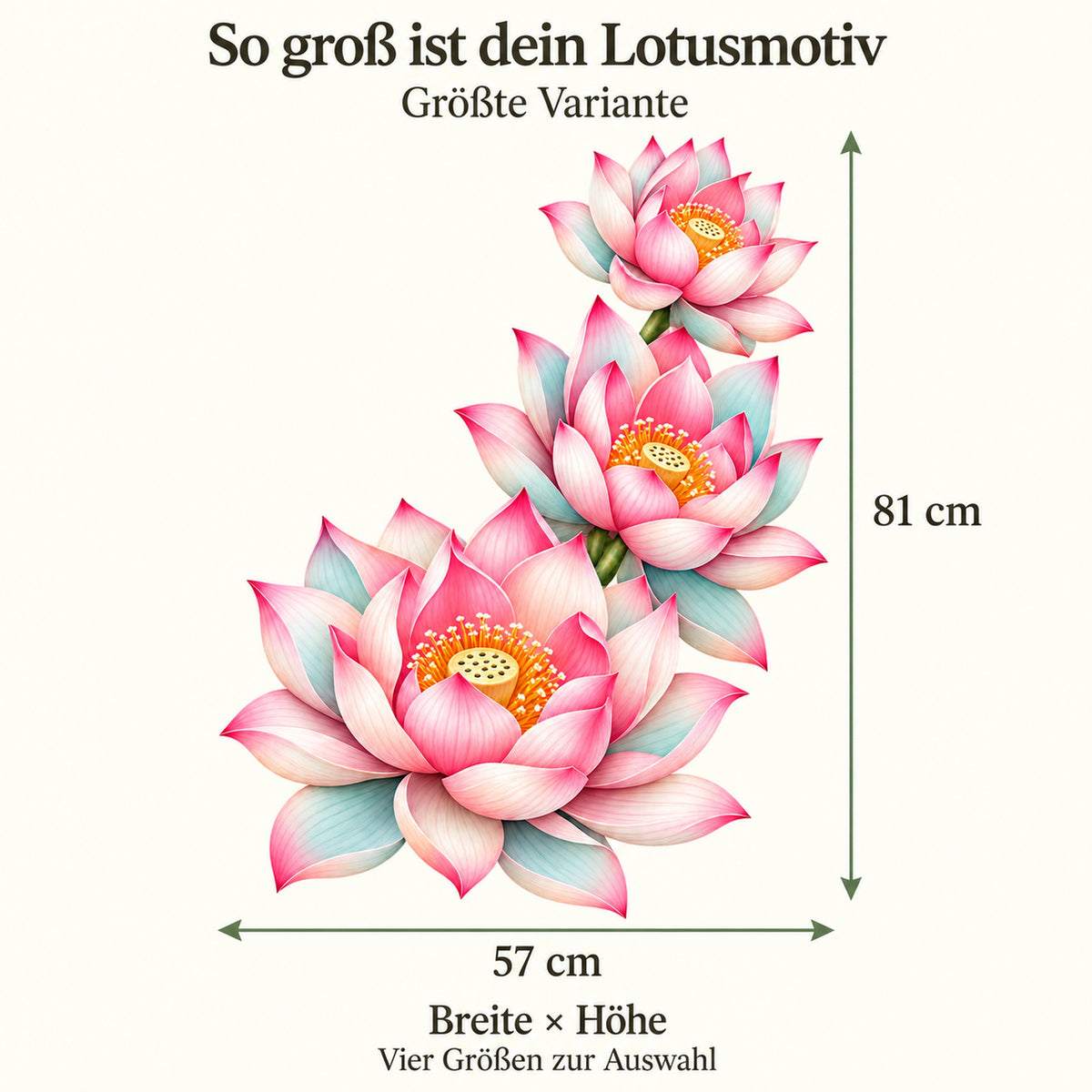 Lotus-Kaskade Wandtattoo – Motivgröße im warmen Referenzstil