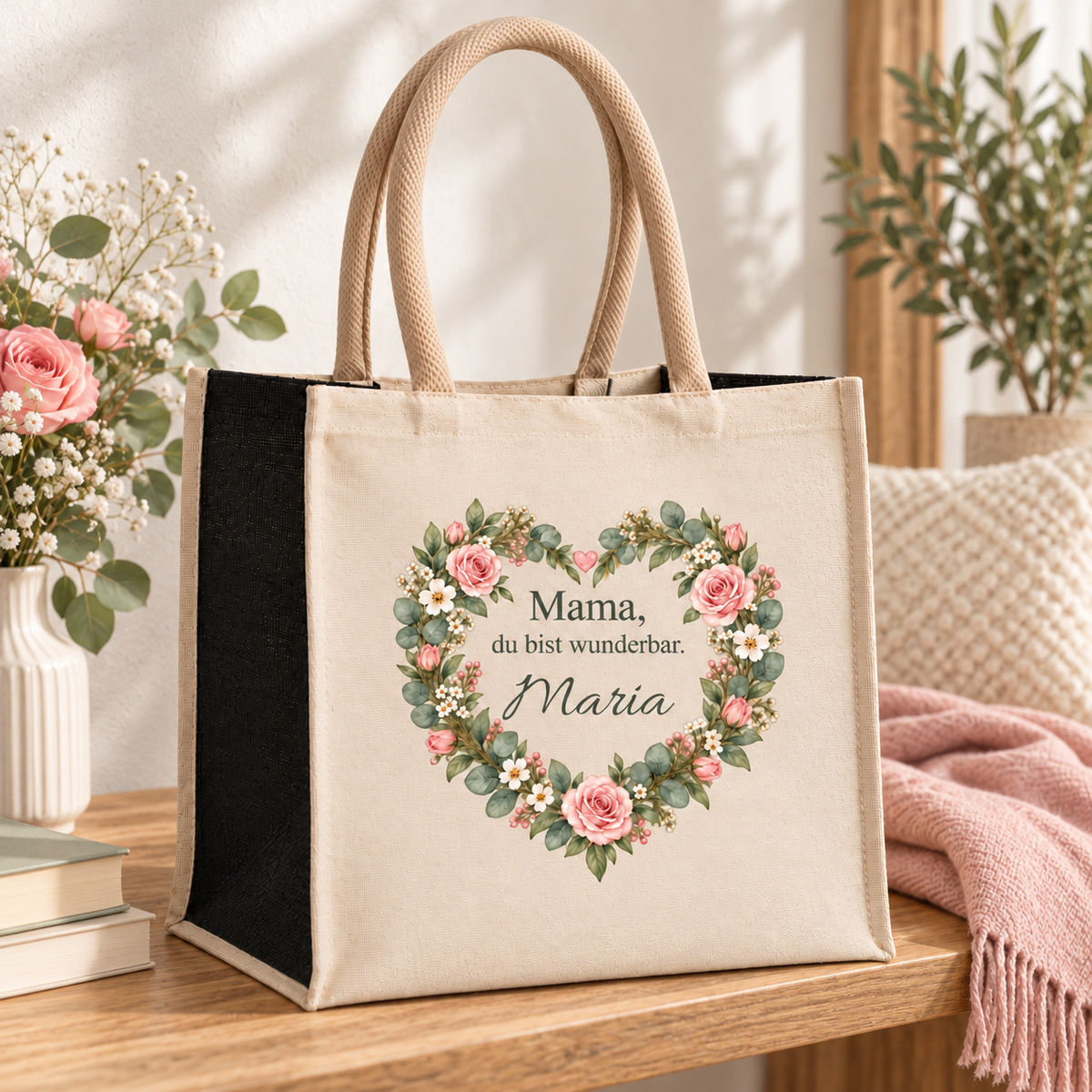 Personalisierte Mama-Tasche mit Blütenherz auf einer Holzbank