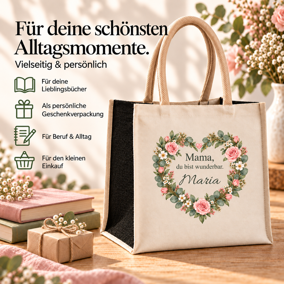 Mama-Shoppingtasche mit Blütenherz für Alltag und Einkauf