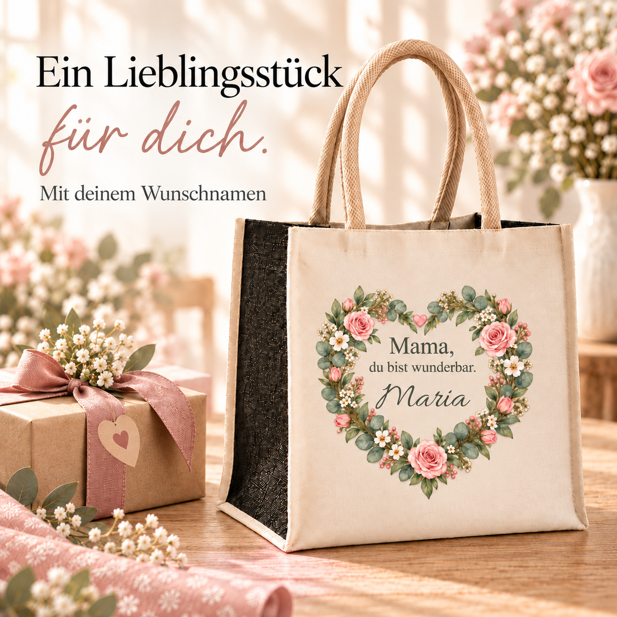 Personalisierte Tasche mit Blütenherz als Geschenk für Mama