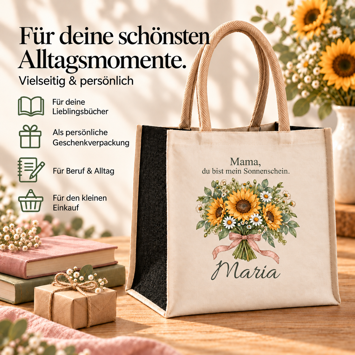 Mama-Shoppingtasche mit Sonnenblumen für Alltag und Einkauf