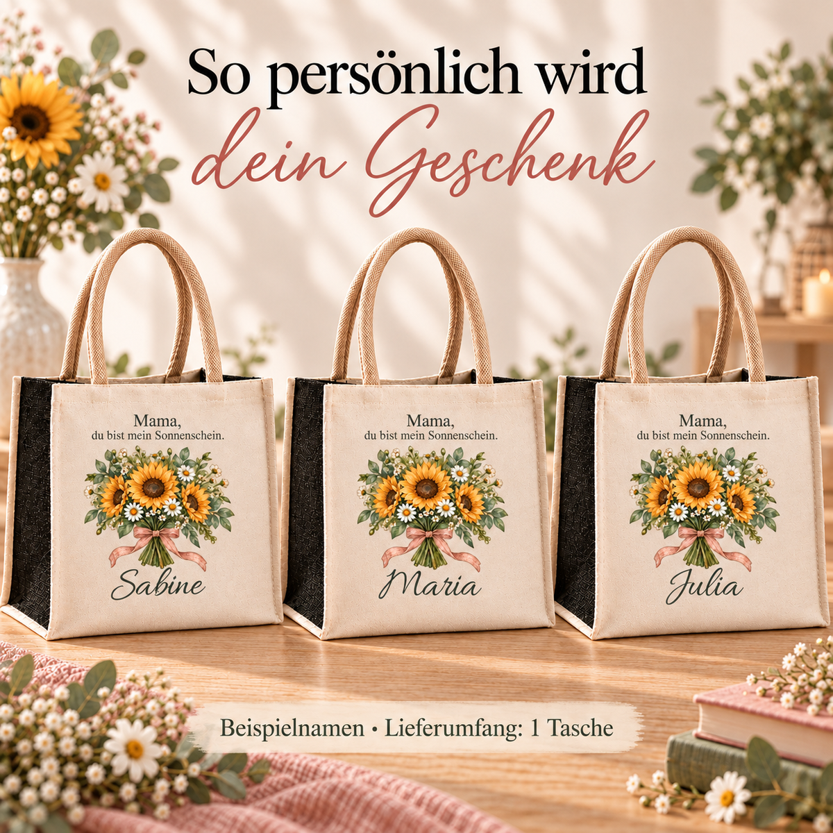 Beispielnamen auf Mama-Taschen mit Sonnenblumen und schwarzen Juteseiten