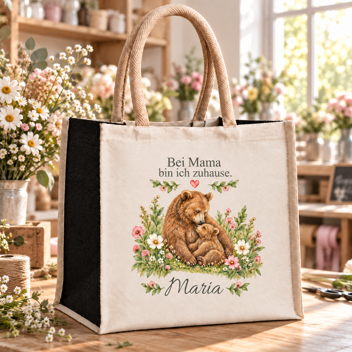 Mama-Tasche mit Mama-Bär-Motiv und Wunschname im Blumenatelier