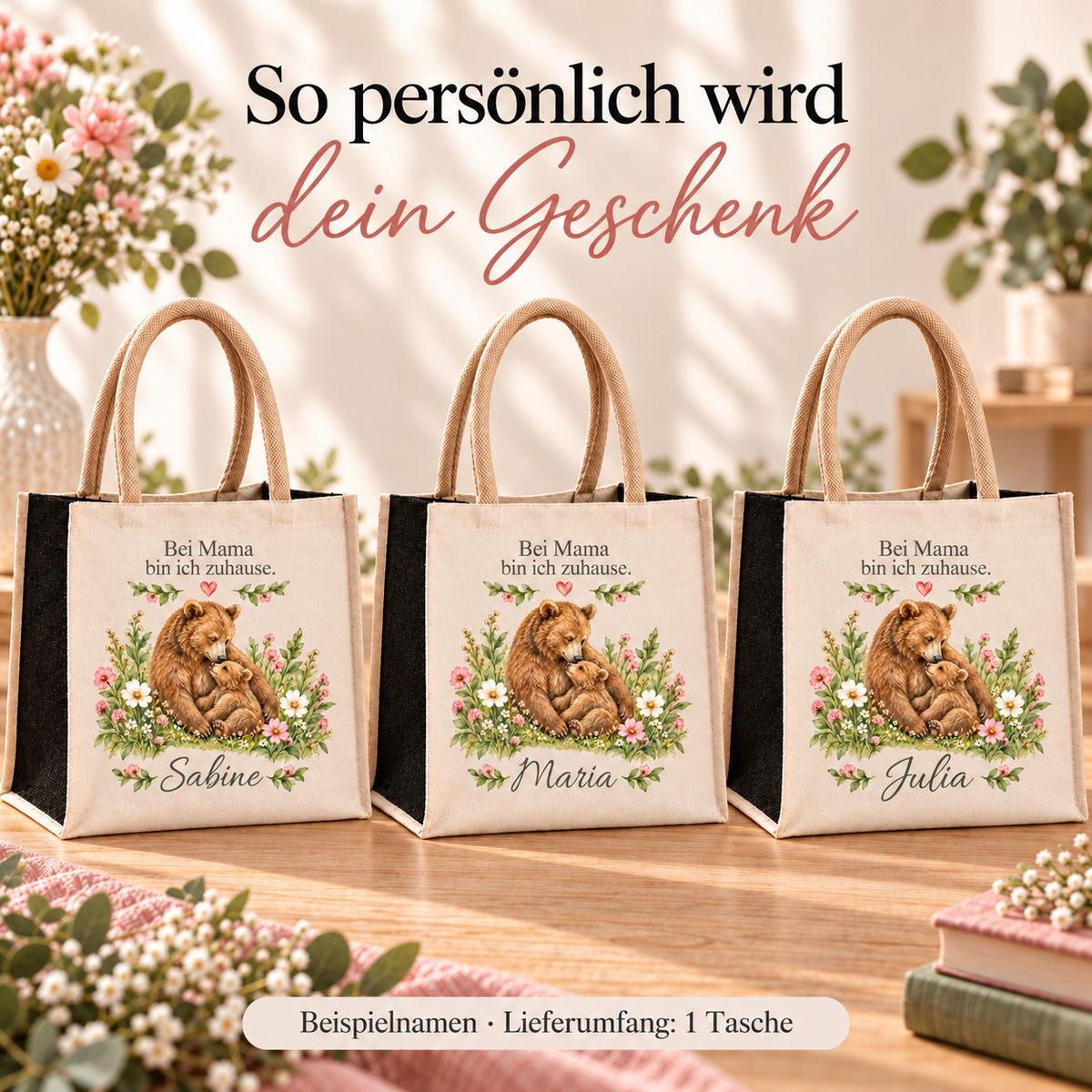 Beispielnamen auf Mama-Taschen mit Mama-Bär-Motiv und schwarzen Juteseiten