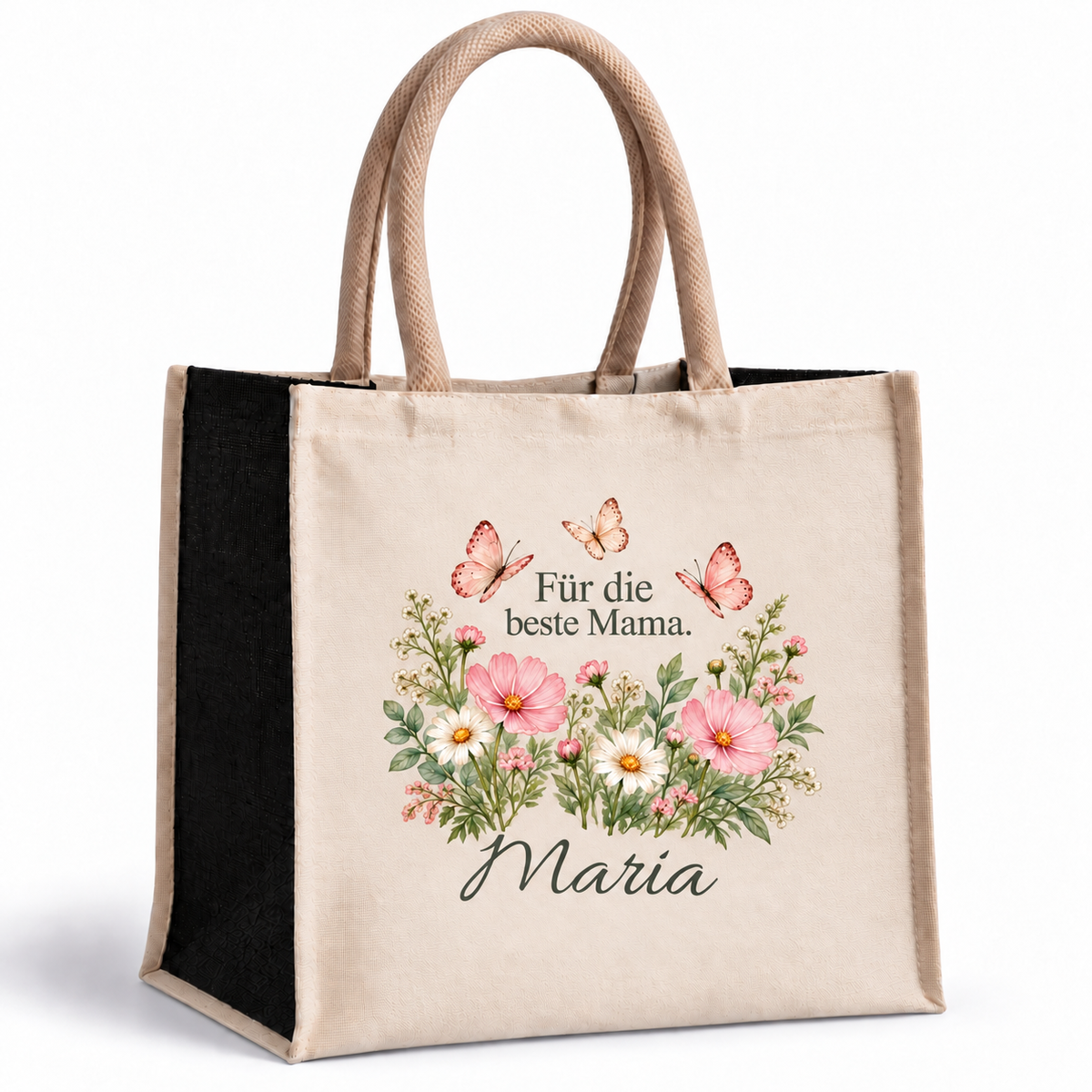 Naturfarbene Tasche mit schwarzen Seiten, Schmetterlinge und personalisiertem Mama-Spruch