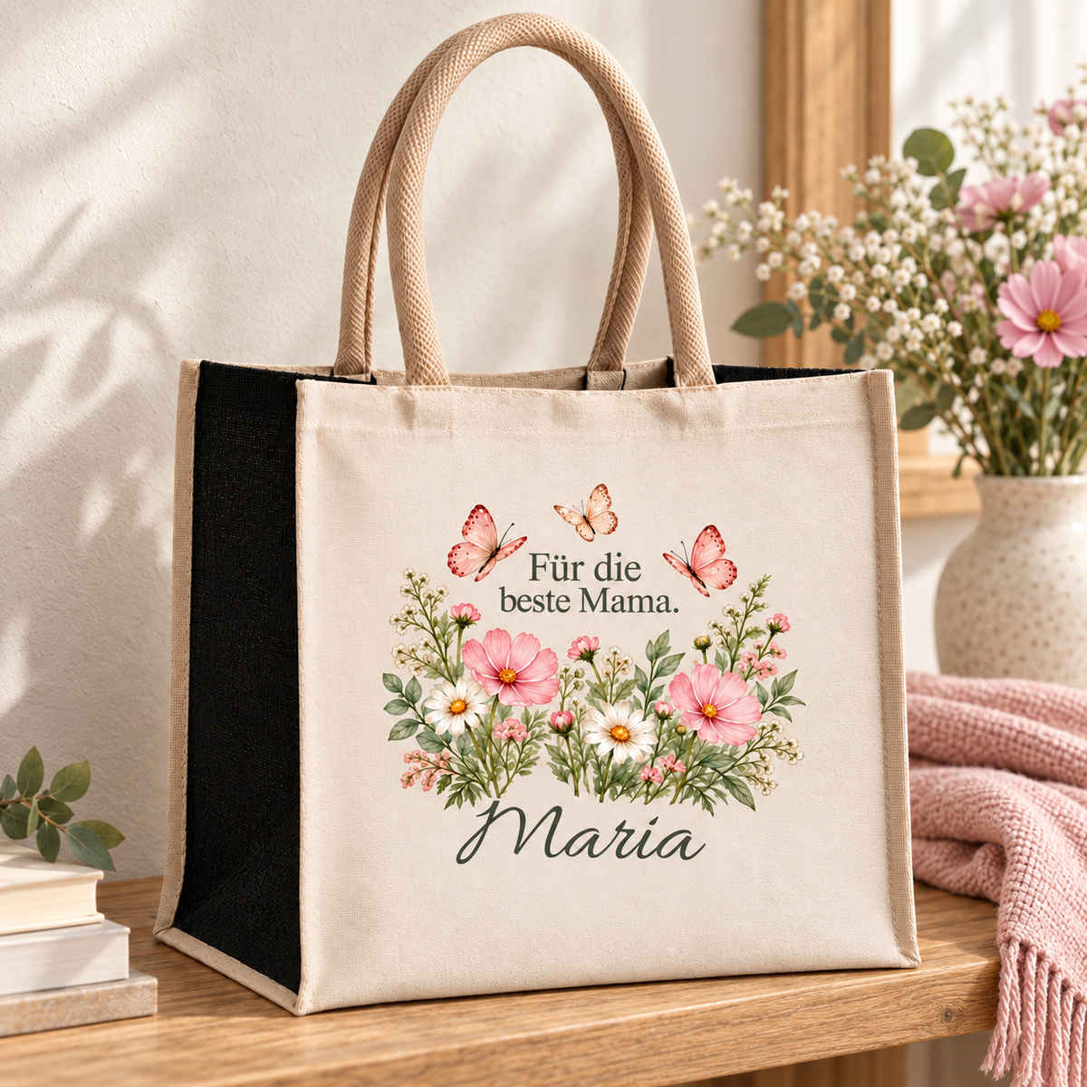 Personalisierte Mama-Tasche mit Schmetterlingen auf einer Holzbank