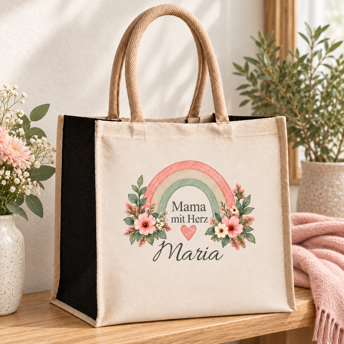 Personalisierte Mama-Tasche mit Regenbogen auf einer Holzbank