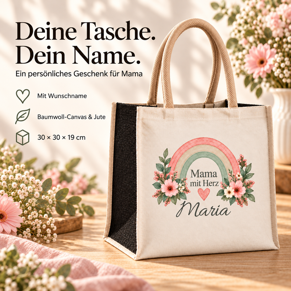 Produktdetails der Canvas-Tasche mit schwarzen Juteseiten und Regenbogen