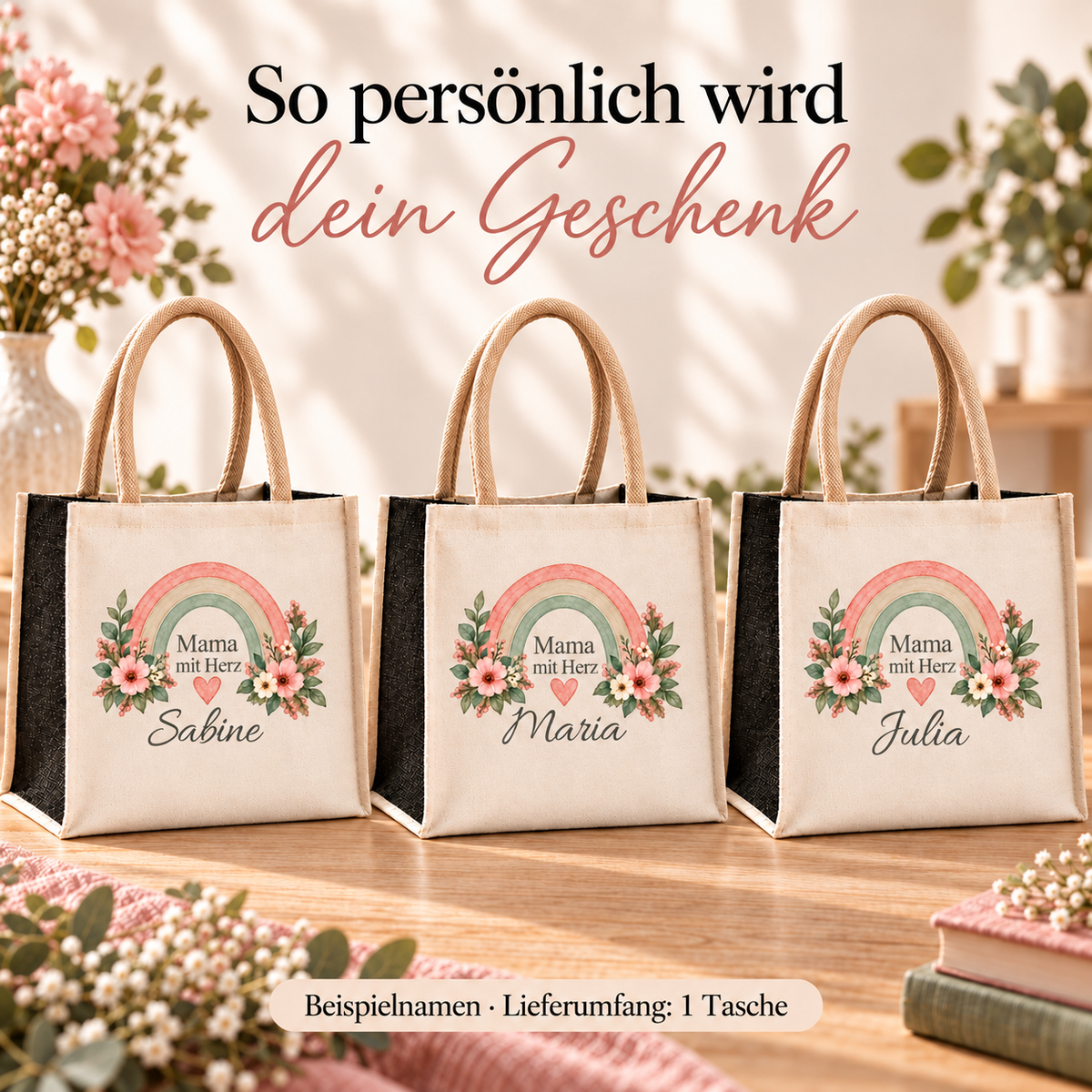 Beispielnamen auf Mama-Taschen mit Regenbogen und schwarzen Juteseiten