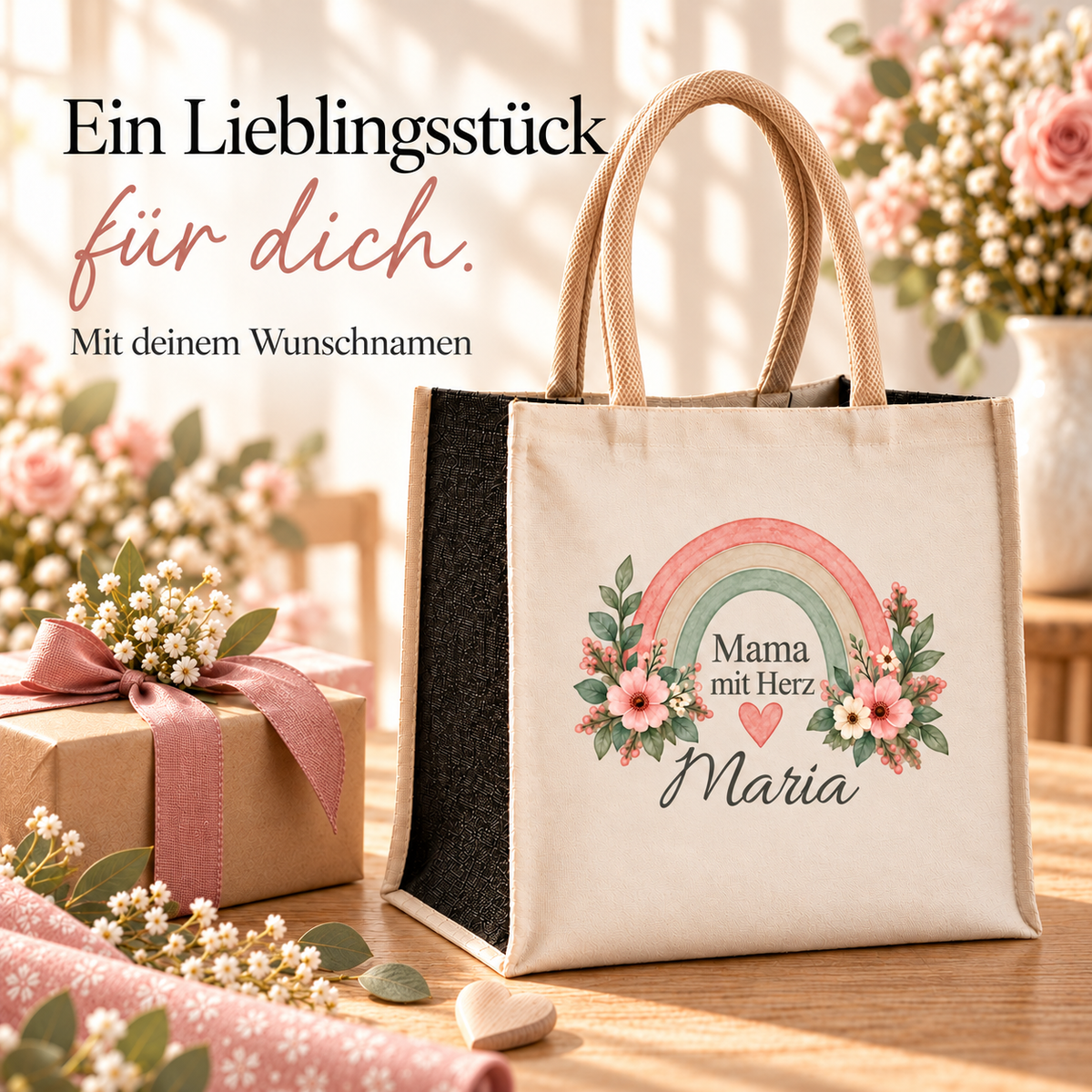 Personalisierte Tasche mit Regenbogen als Geschenk für Mama