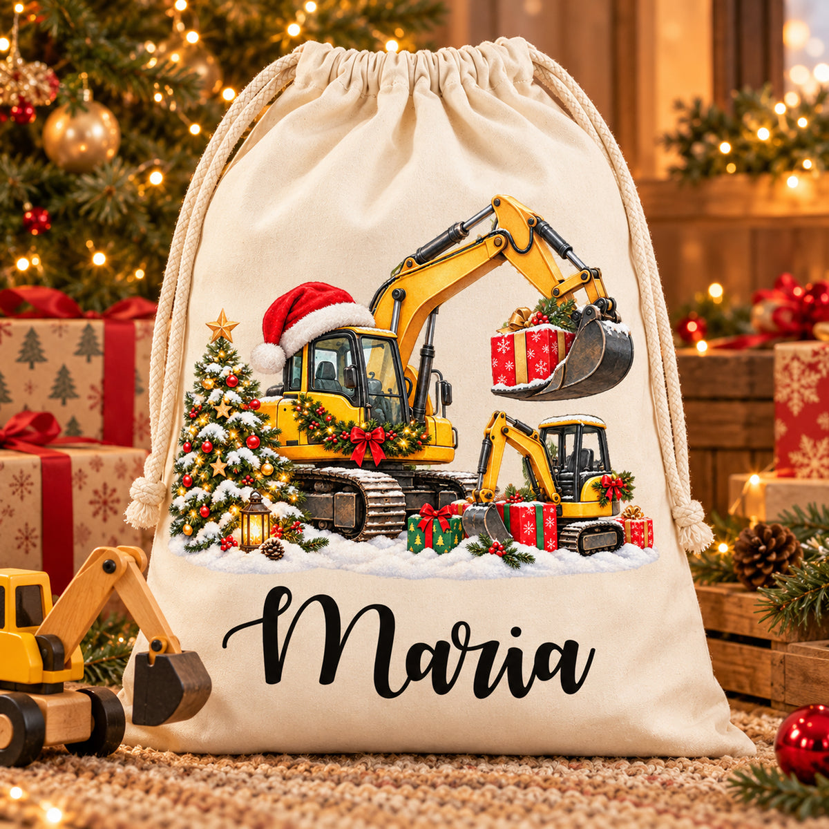 Nikolaussack mit Baggermotiv zwischen Weihnachtsgeschenken, Tannenbaum und gelbem Spielzeugbagger.