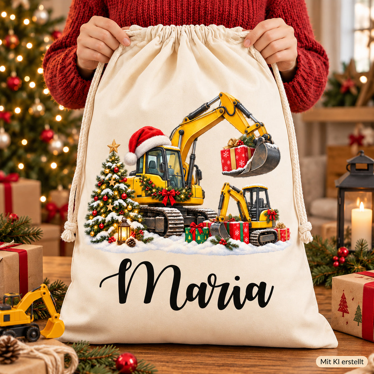 Naturfarbener Nikolaussack mit weihnachtlichen Baggern und großem Beispielnamen Maria, von einer Person im roten Pullover gehalten; unten rechts mit KI-Kennzeichnung.