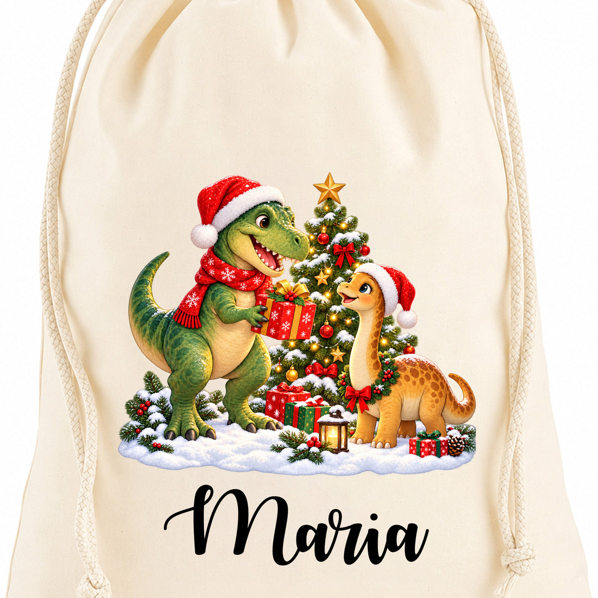 Detailansicht der Baumwolloberfläche mit grünem T-Rex und kleinem Langhals-Dinosaurier in einer Weihnachtsszene und dem schwarzen Beispielnamen Maria.