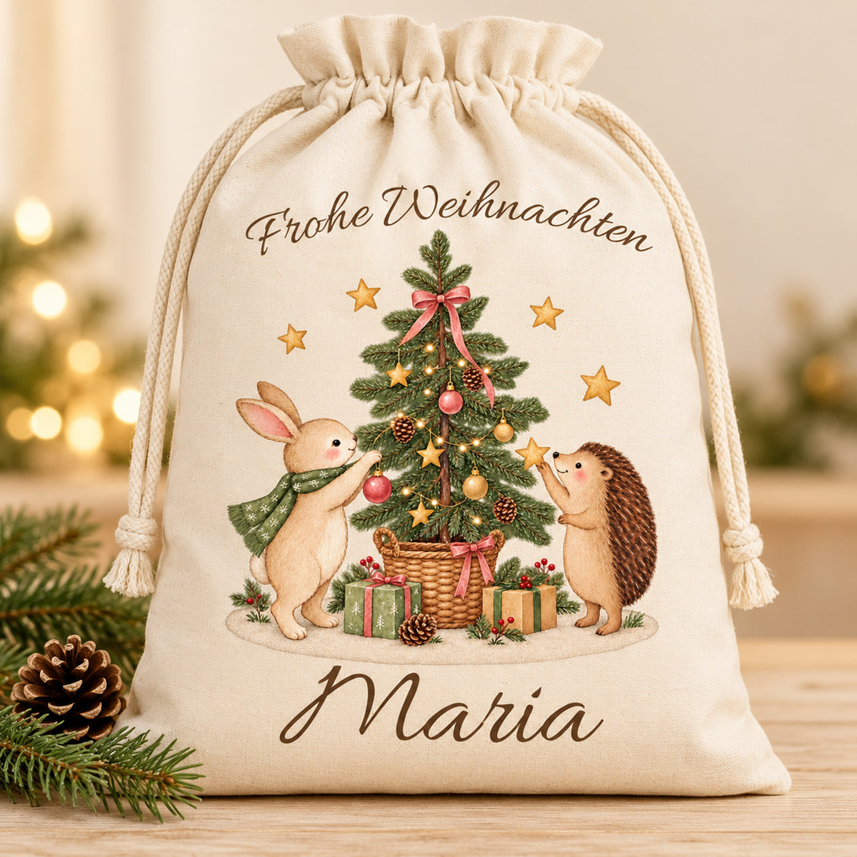 Personalisierter Nikolaussack mit Hase und Igel auf hellem Holz, neben Tannenzweig und Zapfen.