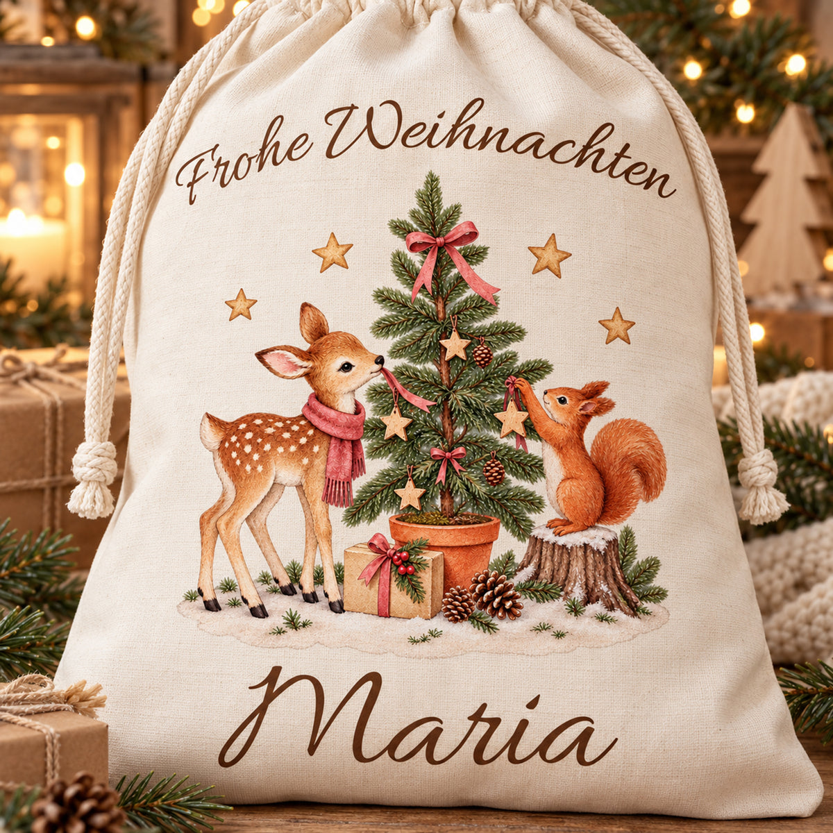 Nahaufnahme des Nikolaussacks mit Reh und Eichhörnchen, Wunschname und sichtbarer Stoffstruktur.