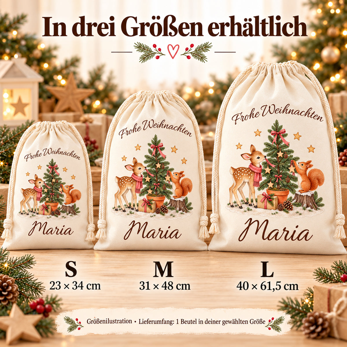 Nikolaussäcke mit Reh und Eichhörnchen im Größenvergleich: S 23 × 34, M 31 × 48 und L 40 × 61,5 cm.