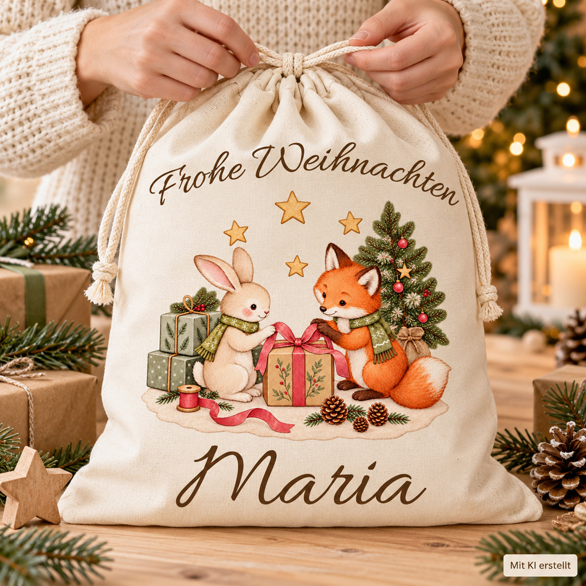Hände ziehen die Kordeln eines Nikolaussacks mit Fuchs und Hase und Wunschname zu. Hinweis: Mit KI erstellt.