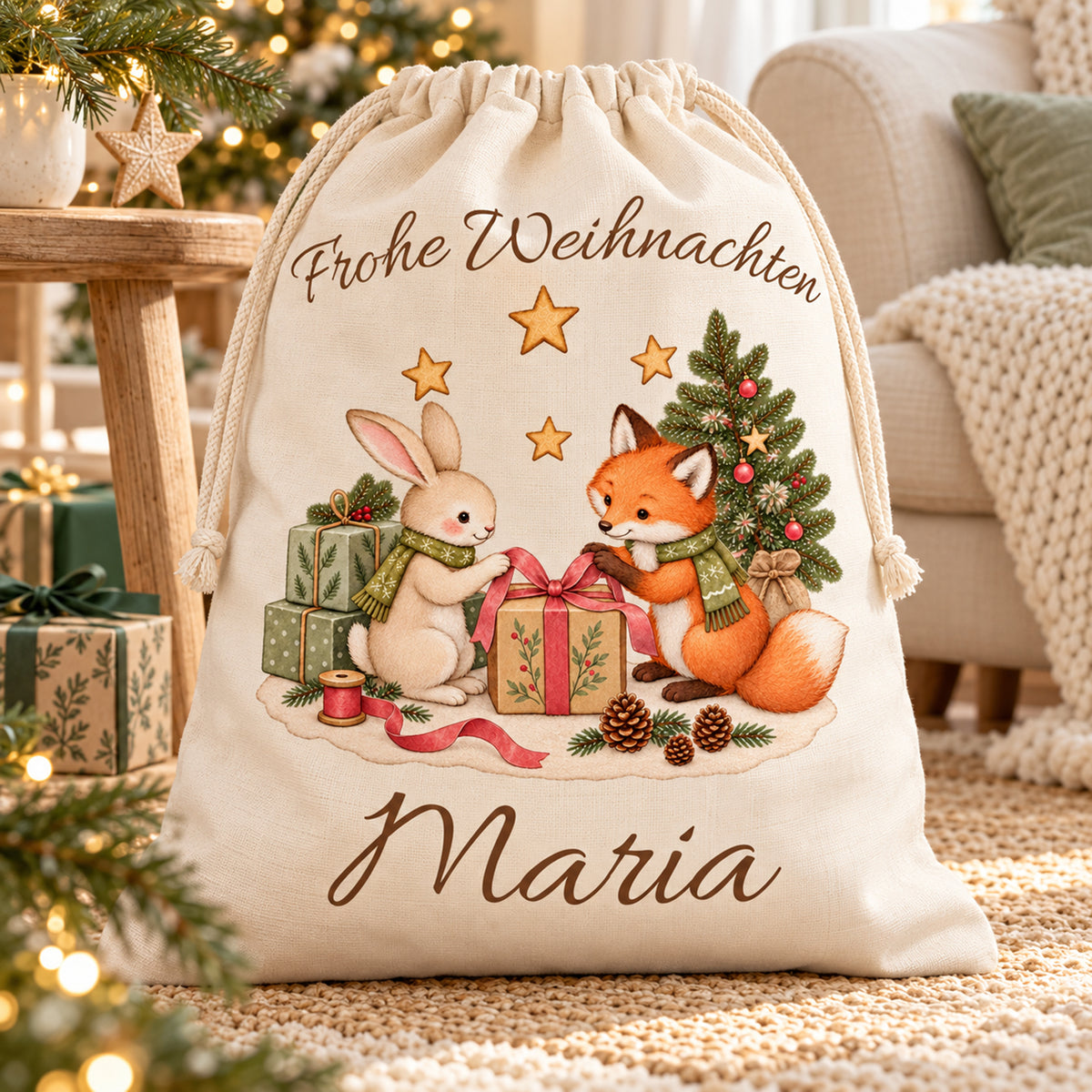 Personalisierter Nikolaussack mit Fuchs und Hase auf einem Teppich neben Sofa und Holzhocker im Weihnachtszimmer.