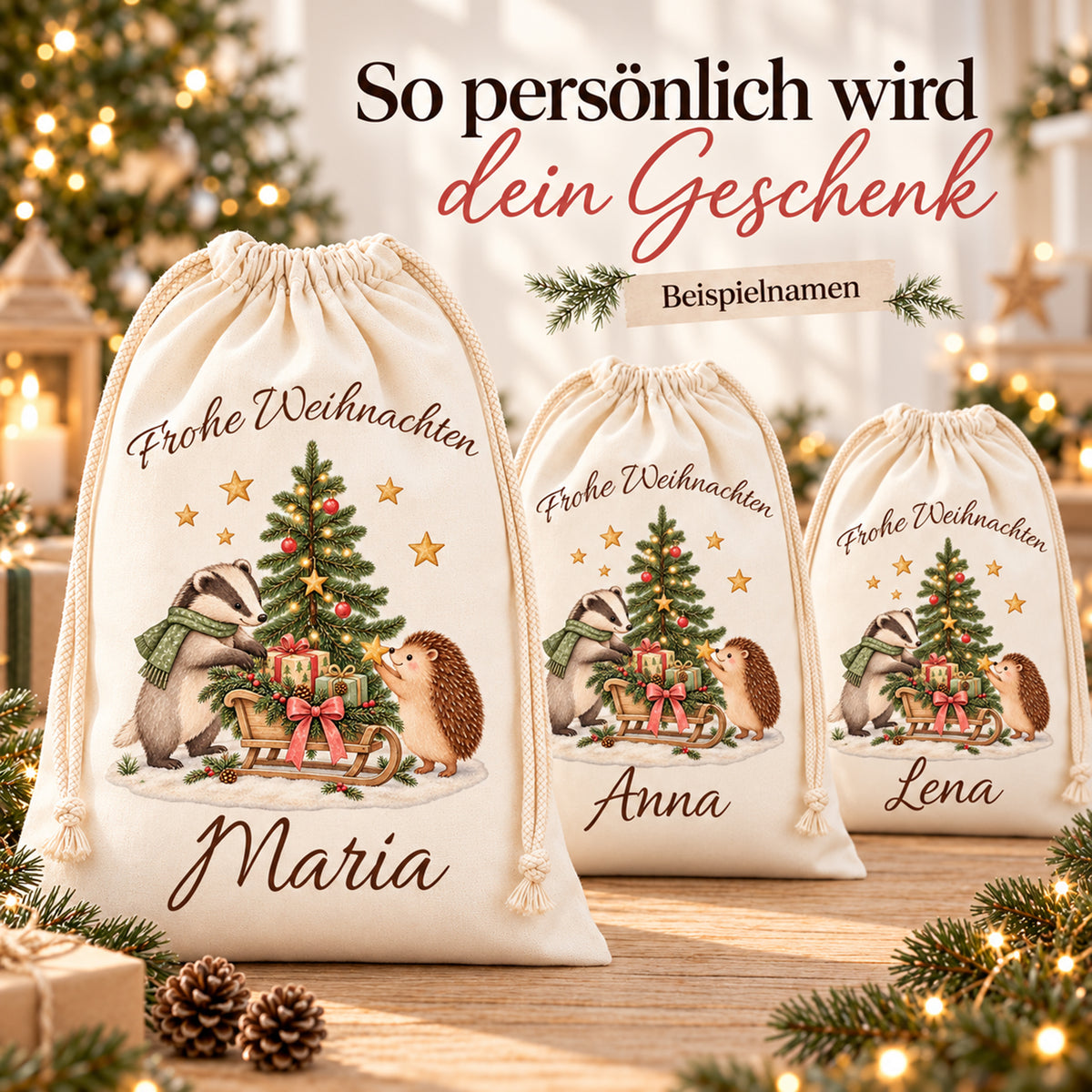 Nikolaussäcke mit Dachs und Igel und verschiedenen Wunschnamen als Beispiele für die Personalisierung.