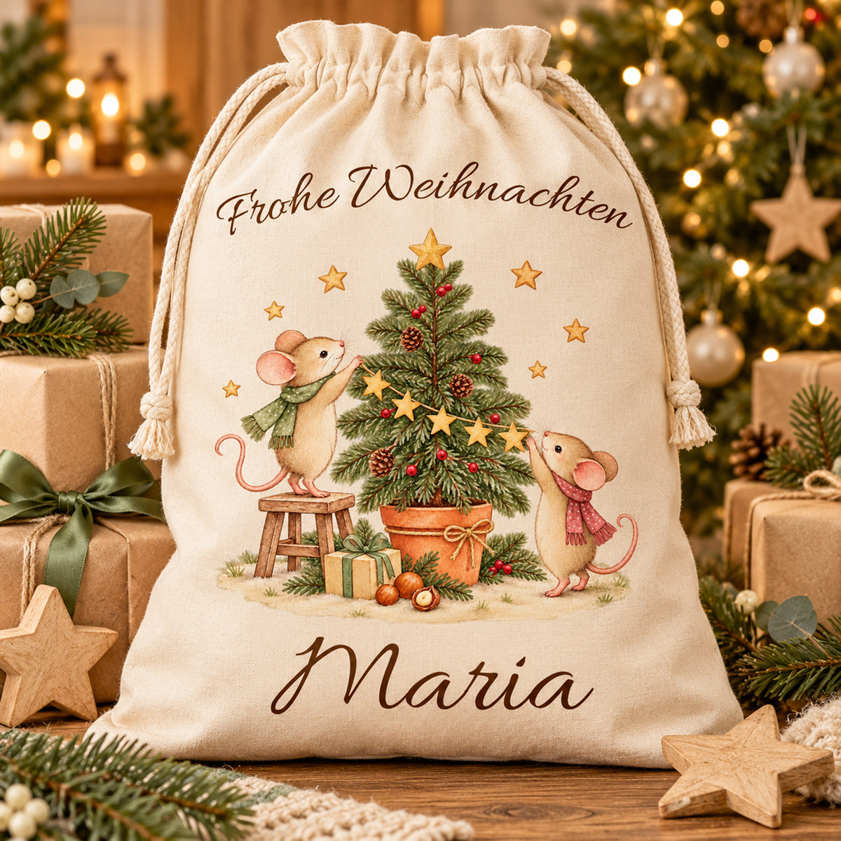 Nikolaussack mit zwei Mäusen und Wunschname zwischen Geschenken vor einem beleuchteten Weihnachtsbaum.