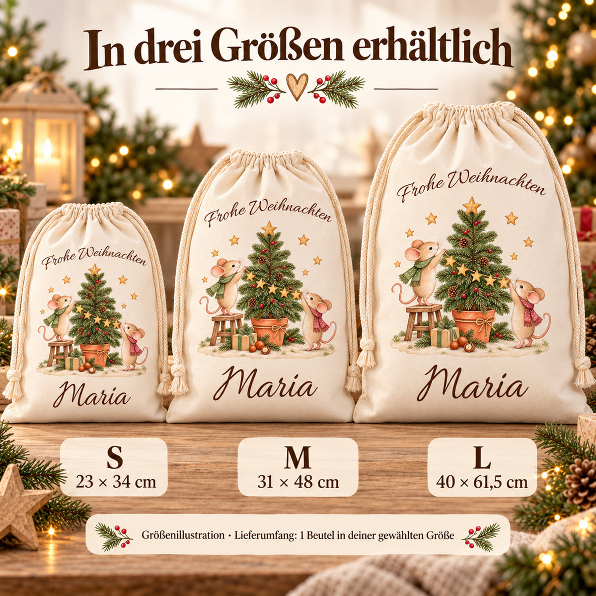 Nikolaussäcke mit zwei Mäusen im Größenvergleich: S 23 × 34, M 31 × 48 und L 40 × 61,5 cm.