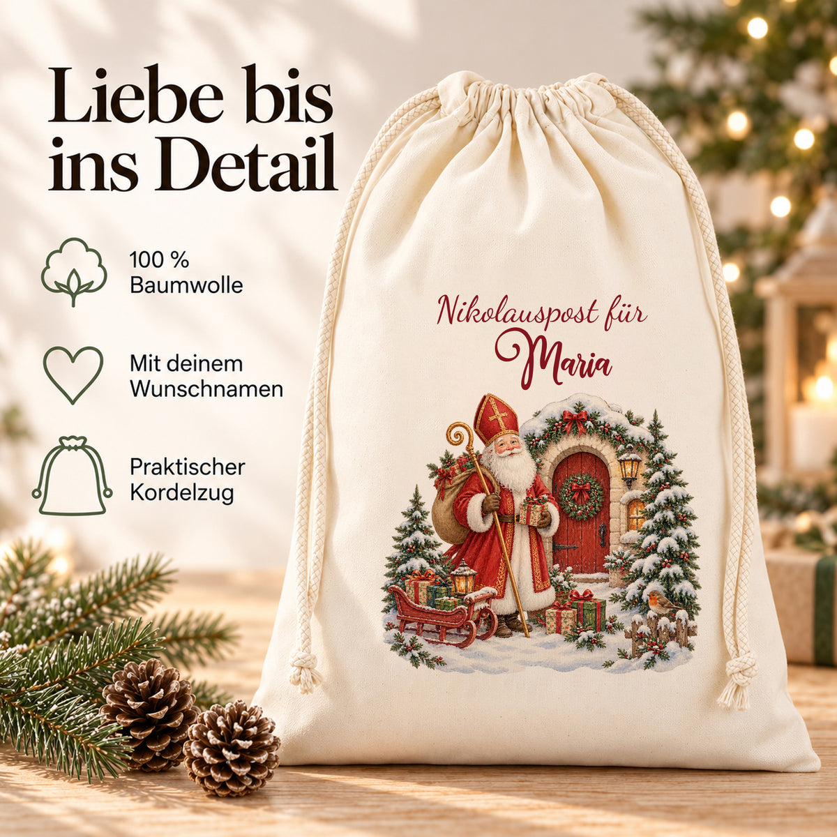 Nikolaussack Nikolauspost mit Hinweisen zu Baumwolle, Wunschname und Kordelzug