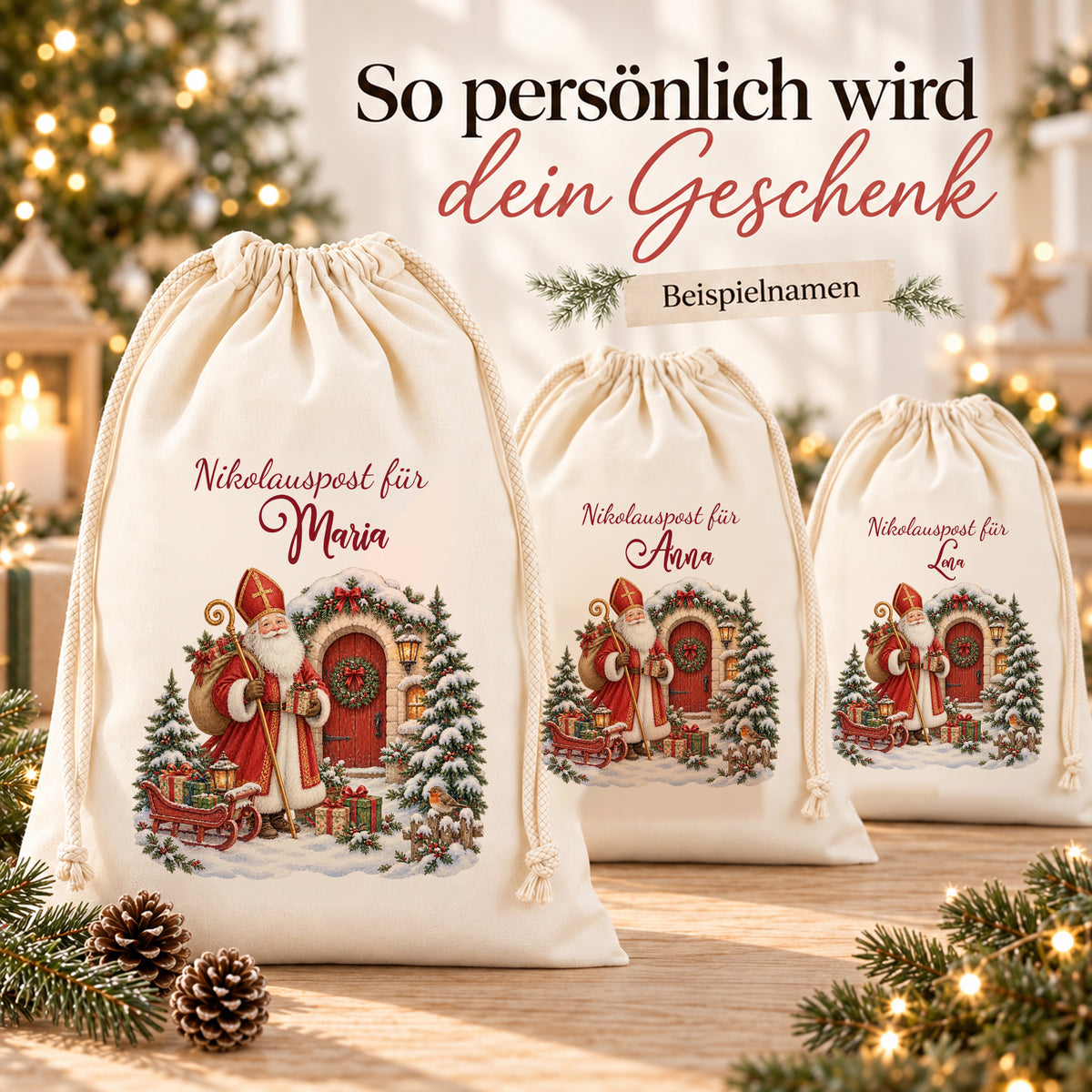Drei Nikolaussäcke mit Motiv Nikolauspost zeigen unterschiedliche Namenspersonalisierungen